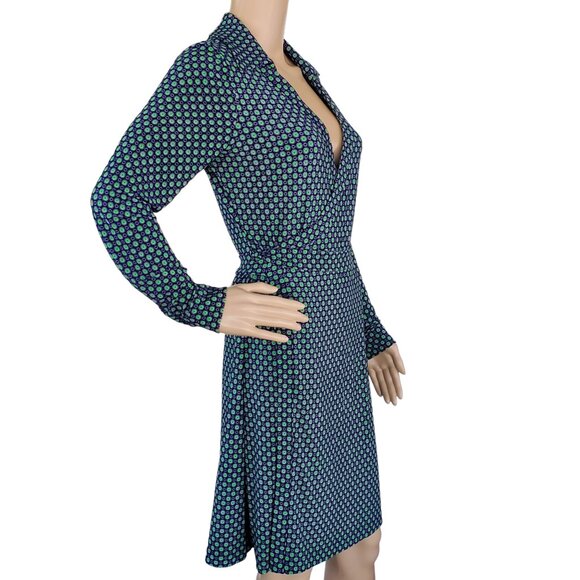 Tommy Hilfiger Wrap Dress Women's Size 6 Blue Green Polka Dot V Neck Long Sleeve - Picture 1 of 14